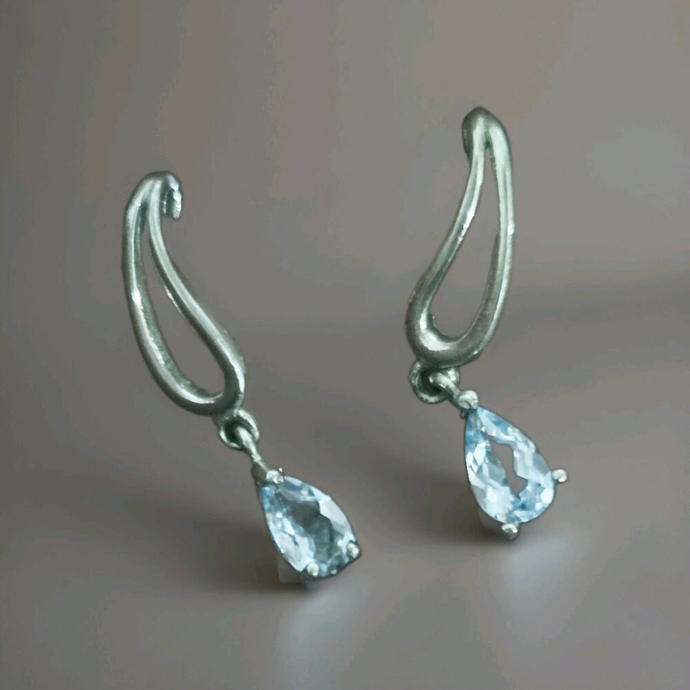 Sterling Silver Teardrop Dangle Drop Blue Topaz Stud Earrings